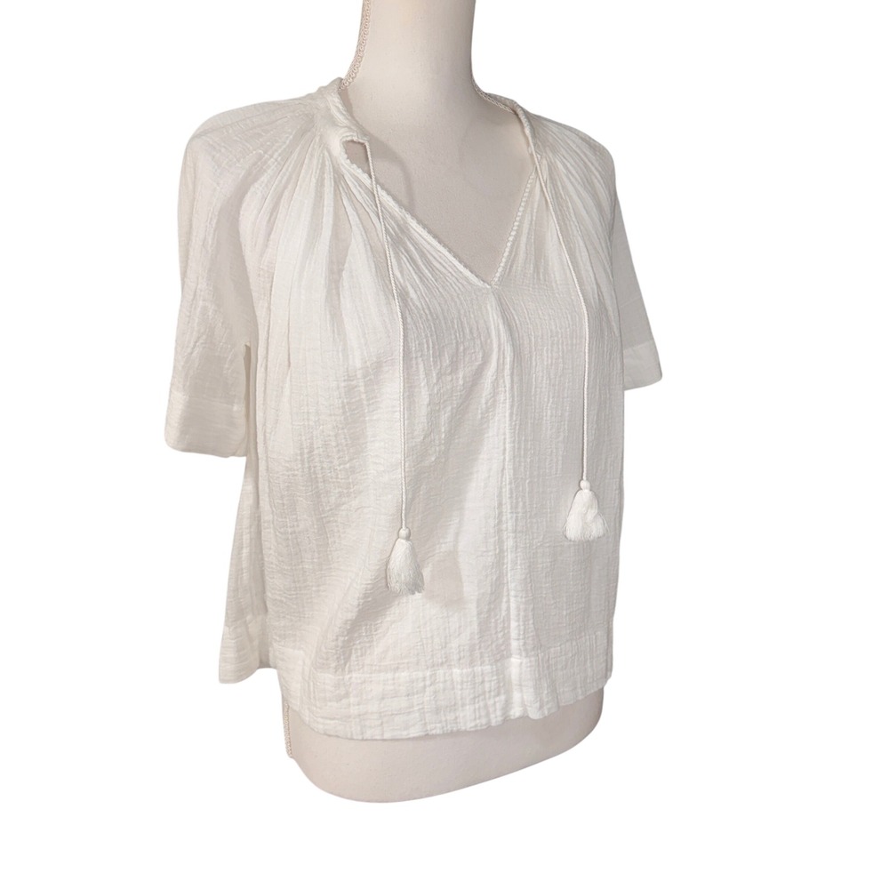 Vince White Cotton Gauze Peasant Blouse Tassel Tie V-Neck Smocked Top XS Boho - Picture 8 of 13